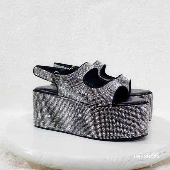 OH YEAH 3" Flatform Platform Silver Rhinestone Sandals Colorful Sparkle